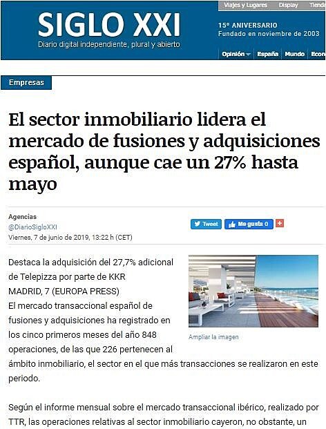 El sector inmobiliario lidera el mercado de fusiones y adquisiciones espaol, aunque cae un 27% hasta mayo